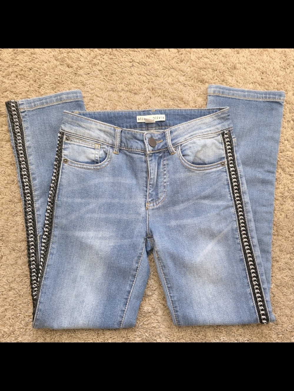 Alice + Olivia Skinny Jeans Size 24 Blue Stretch Denim with Chain Side Trim